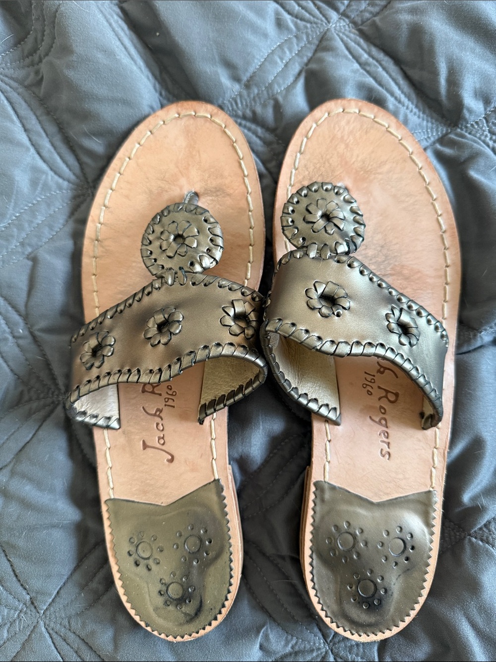 Jack Rogers Olive Metallic Leather Toe-Loop Sandals